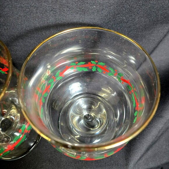 Set (6) Libbey Holly Berry Champagne Sherbet Goblets Gold Rim Christmas Glasses - Picture 13 of 16